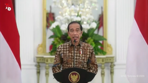 Penyampaian sambutan sekaligus pembukaan secara resmi Rakorbangnas BMKG 2021 oleh Presiden Republik Indonesia, Joko Widodo.